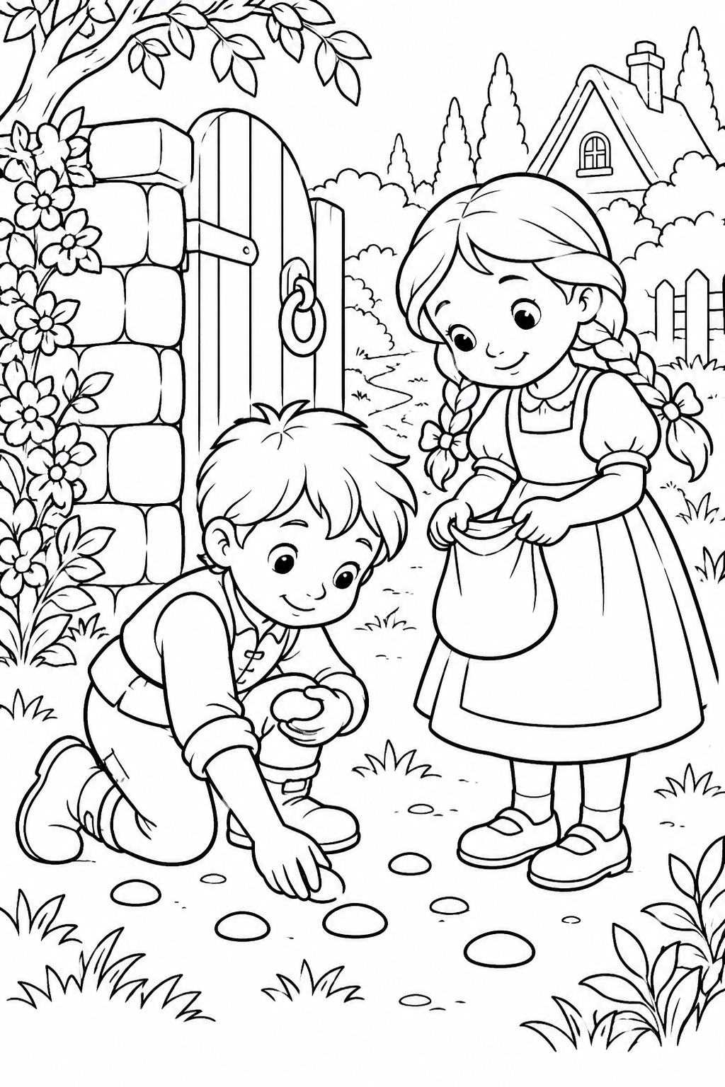 Hansel and Gretel：Gathering white pebbles（Cozy） coloring page