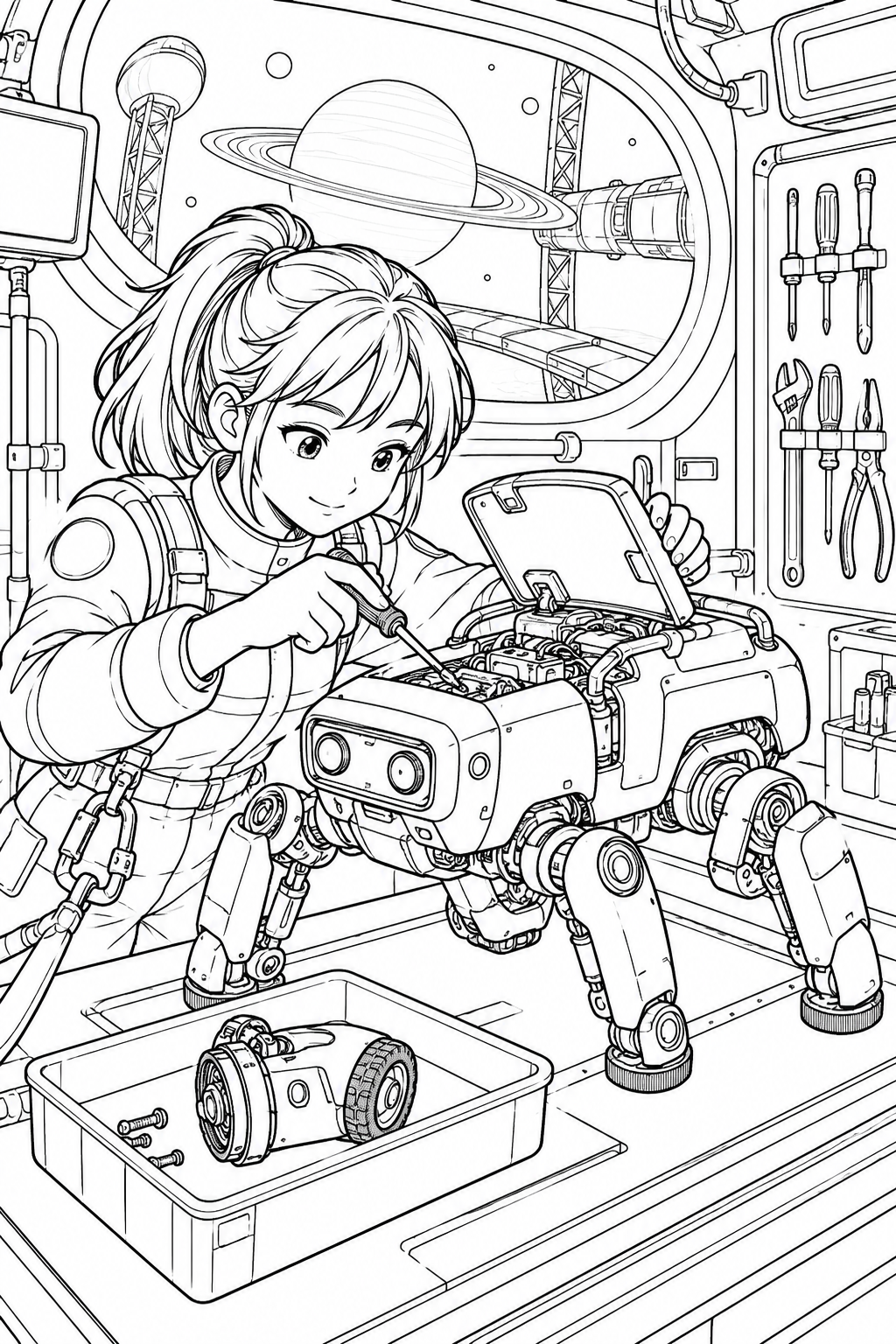 Dibujo de Base orbital del planeta con anillos: Taller de mantenimiento de robots para colorear