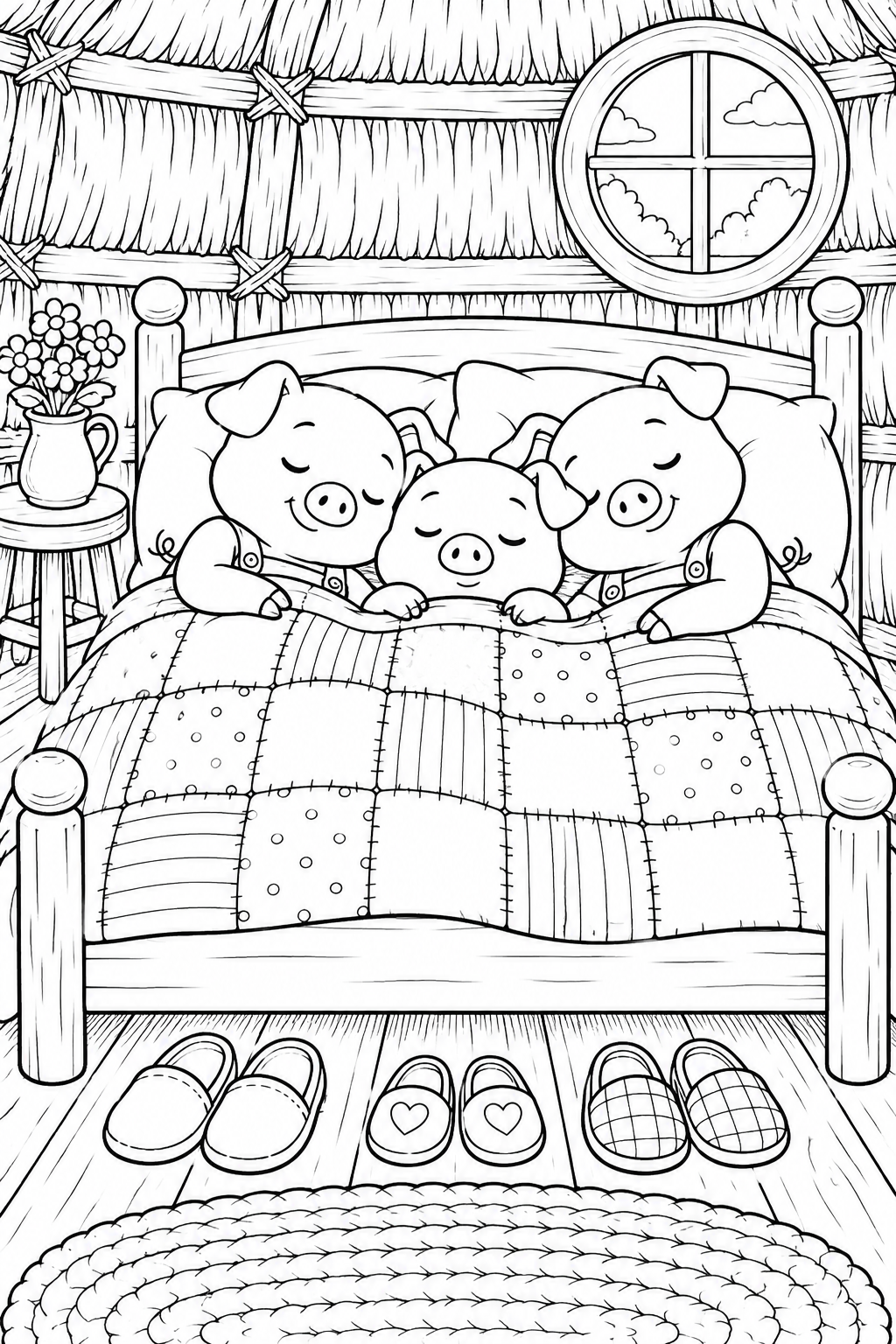 Coloriage Les Trois Petits Cochons: La sieste dans la maison de paille