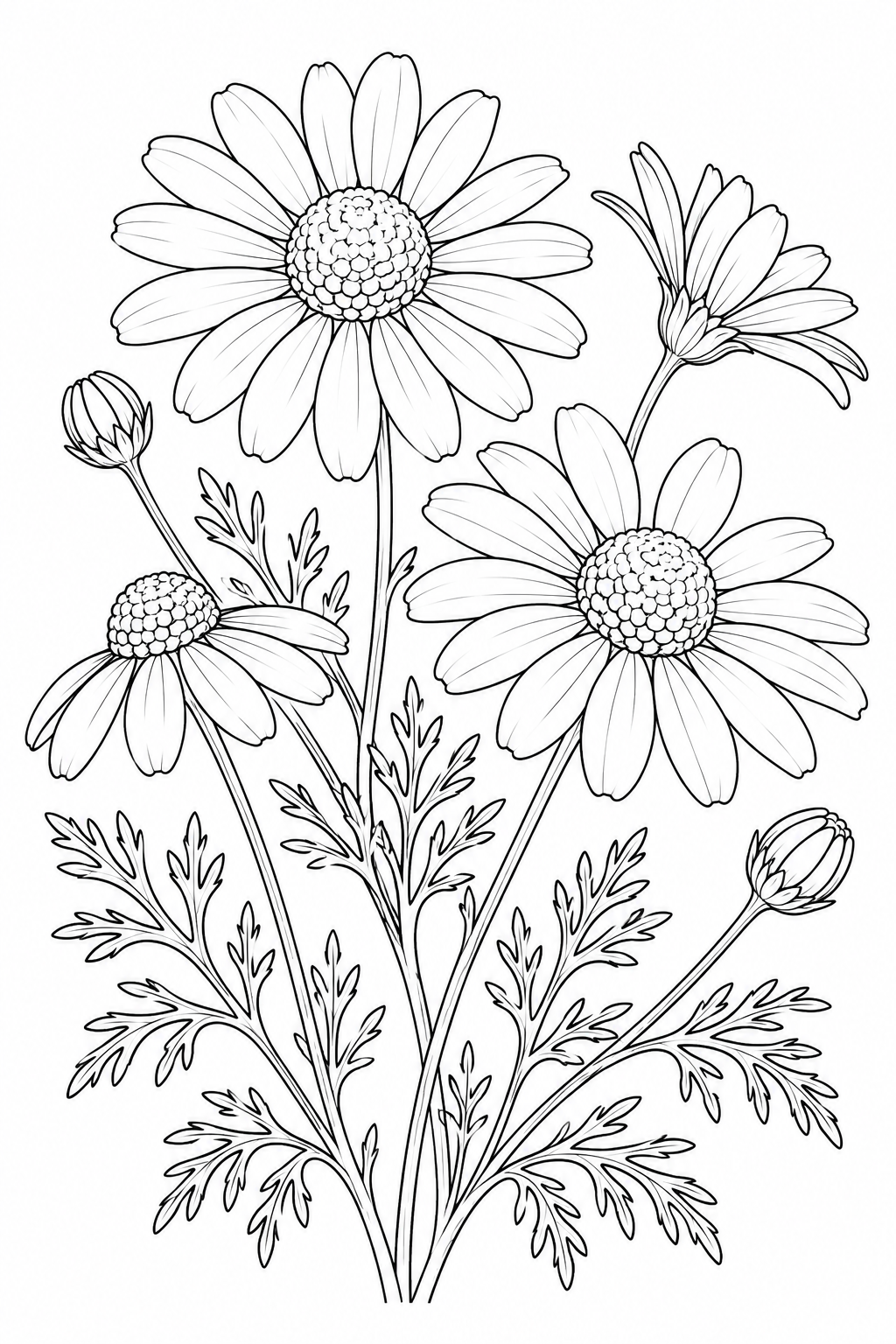 観察スケッチ:カモミールの花と葉の塗り絵