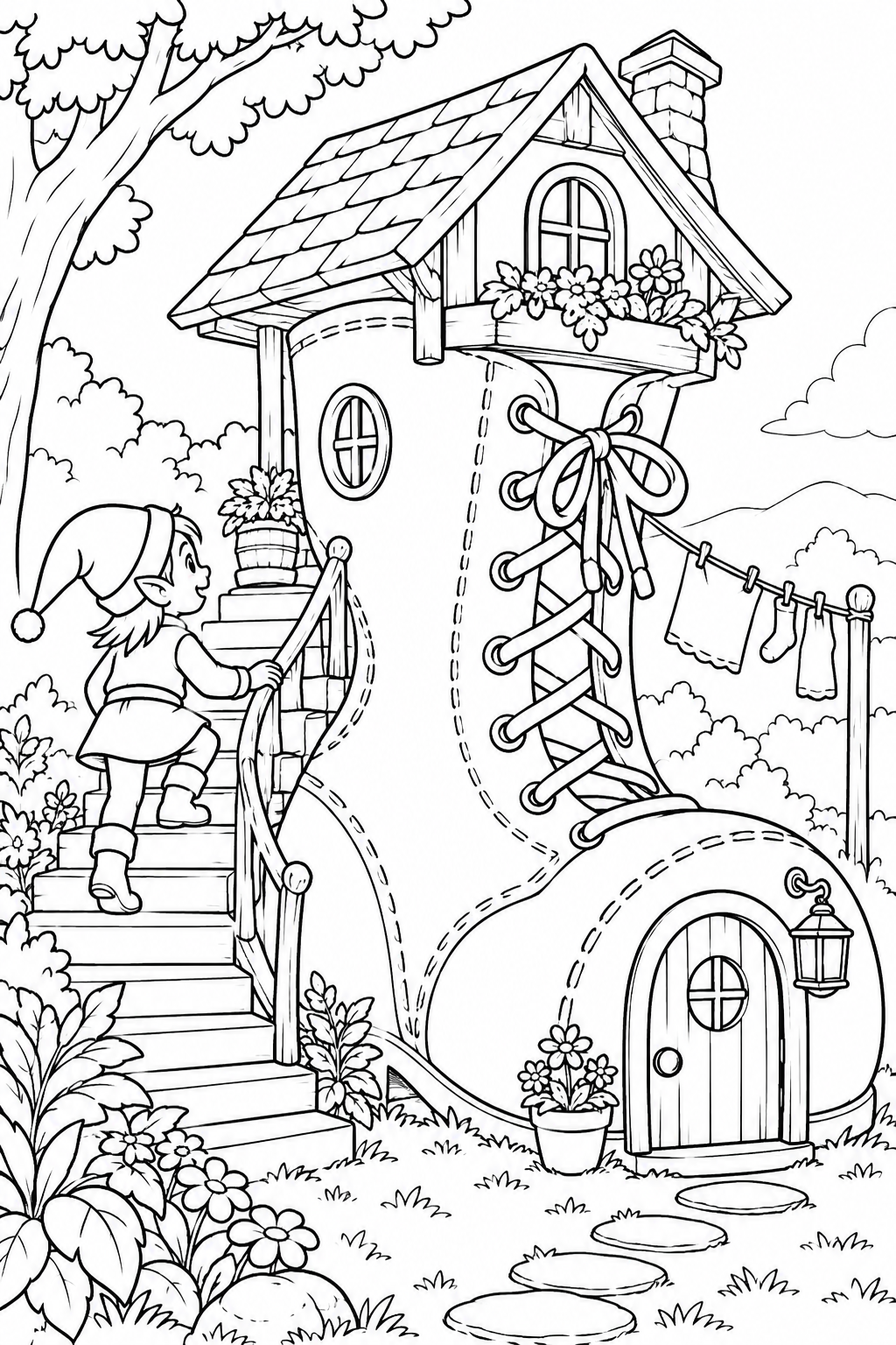 長ぐつのこびとの家の塗り絵
