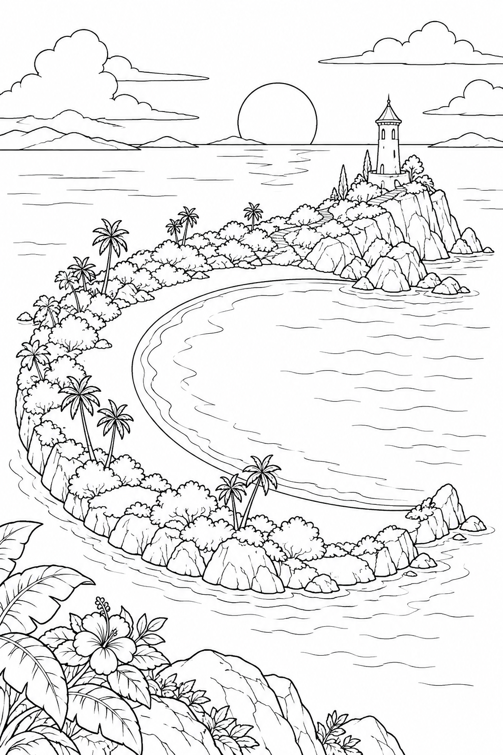 月の形をした島と小さな塔の塗り絵