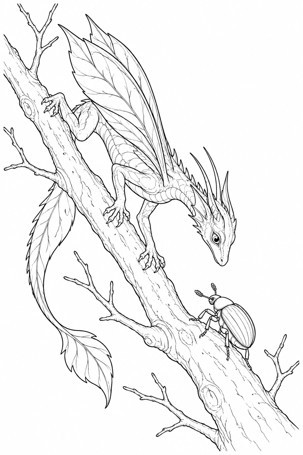 Coloriage Dragon aux ailes de feuille agrippé à une branche