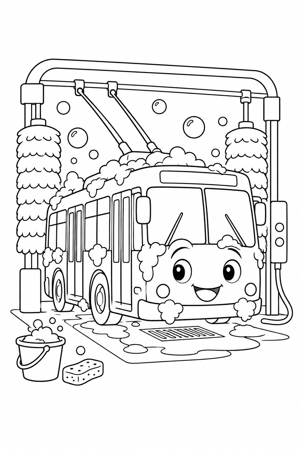 トロリーバスと洗車場の塗り絵