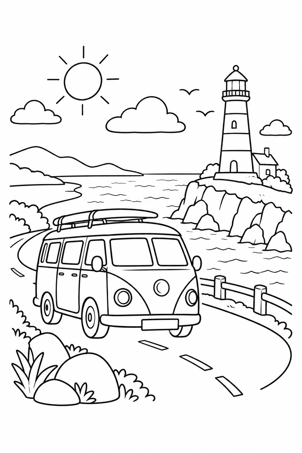 キャンピングカーと海沿いの道の塗り絵
