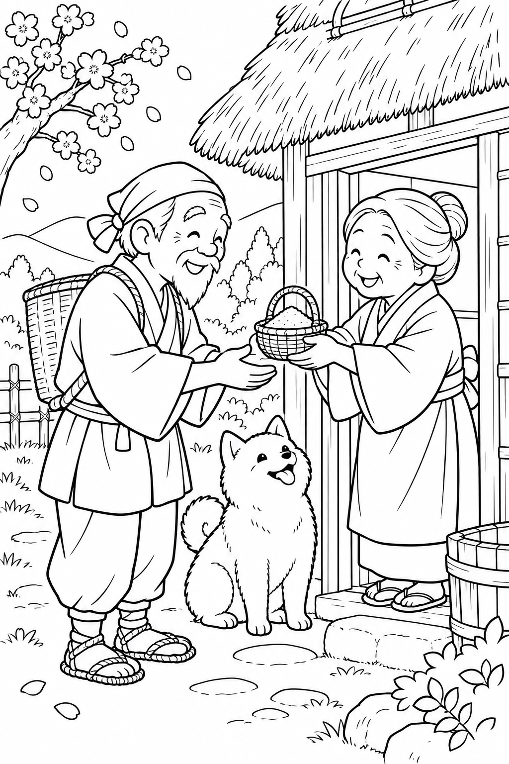 はなさかおじさん:おばあさんから受け取る灰のかご(ほっこり)の塗り絵
