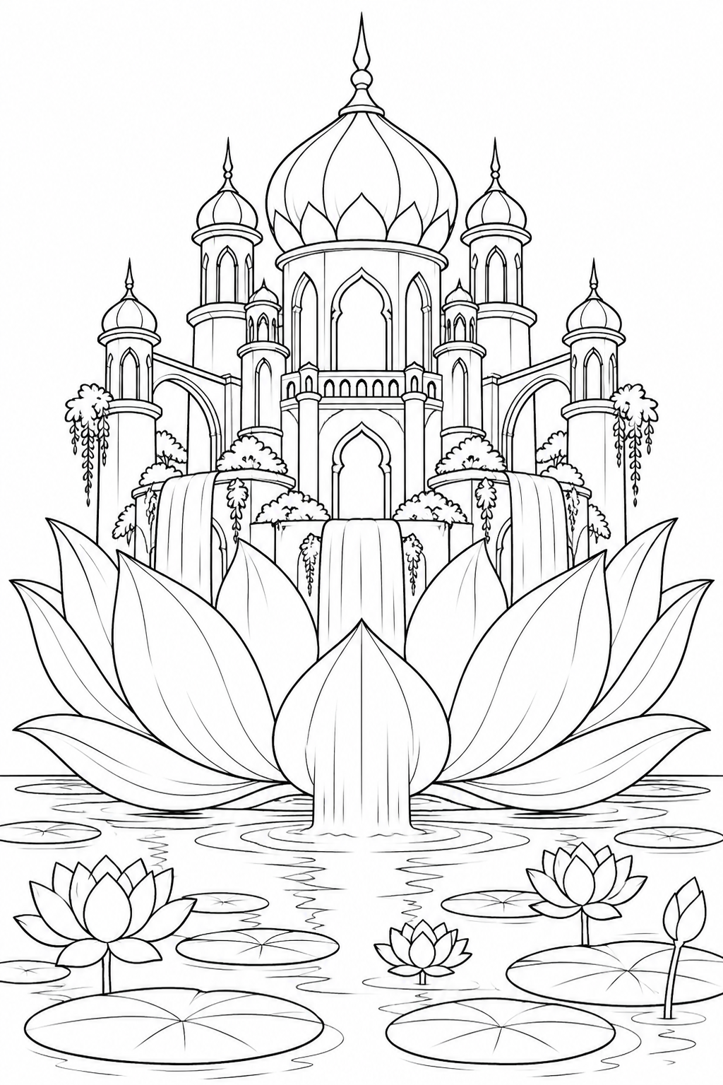 蓮の花から生まれた水の宮殿の塗り絵