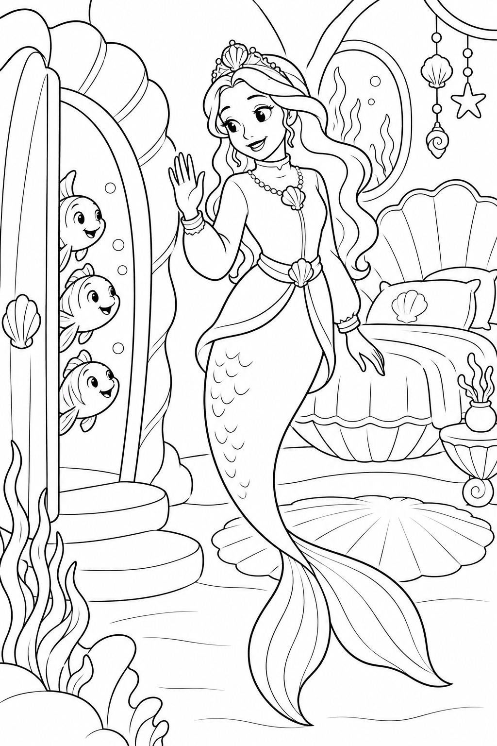 人魚姫：貝のベッドでおやすみの挨拶の塗り絵