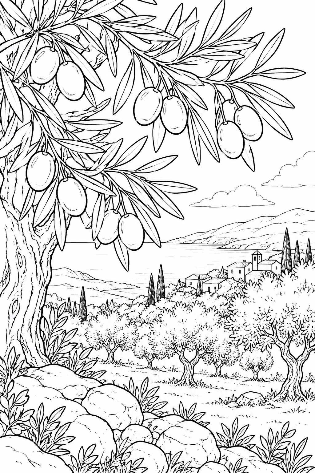 Dibujo de Una escena natural: Ramas y frutos de olivo para colorear