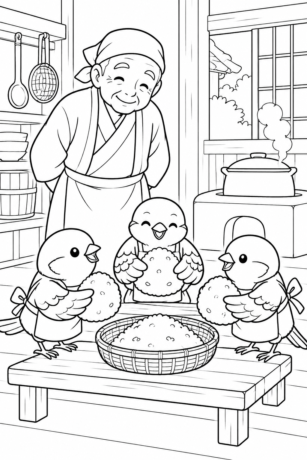 したきりすずめ:みんなでころころおにぎりの塗り絵