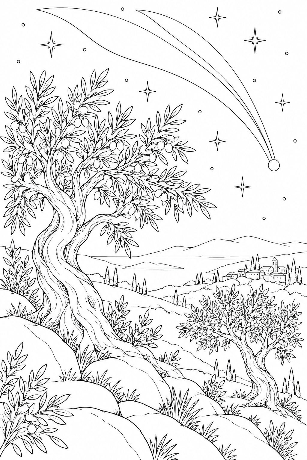 オリーブの丘と尾をひく彗星の塗り絵