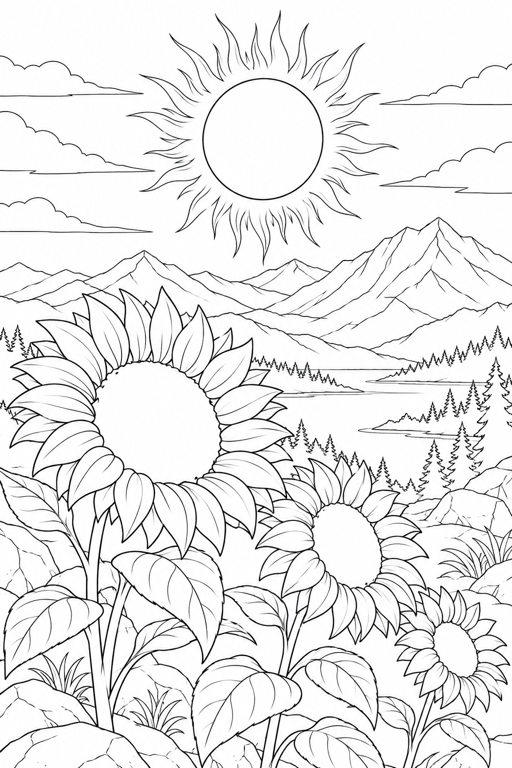 ヒマワリと遠い山並みと日食の光の輪の塗り絵