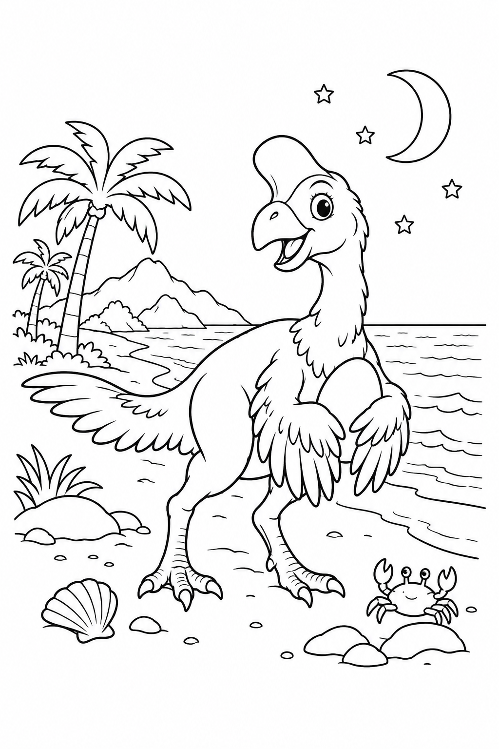 Dibujo de El oviraptor en la playa bajo la luna para colorear