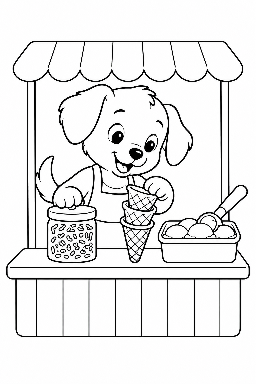 こいぬのアイス屋さんの開店準備の塗り絵