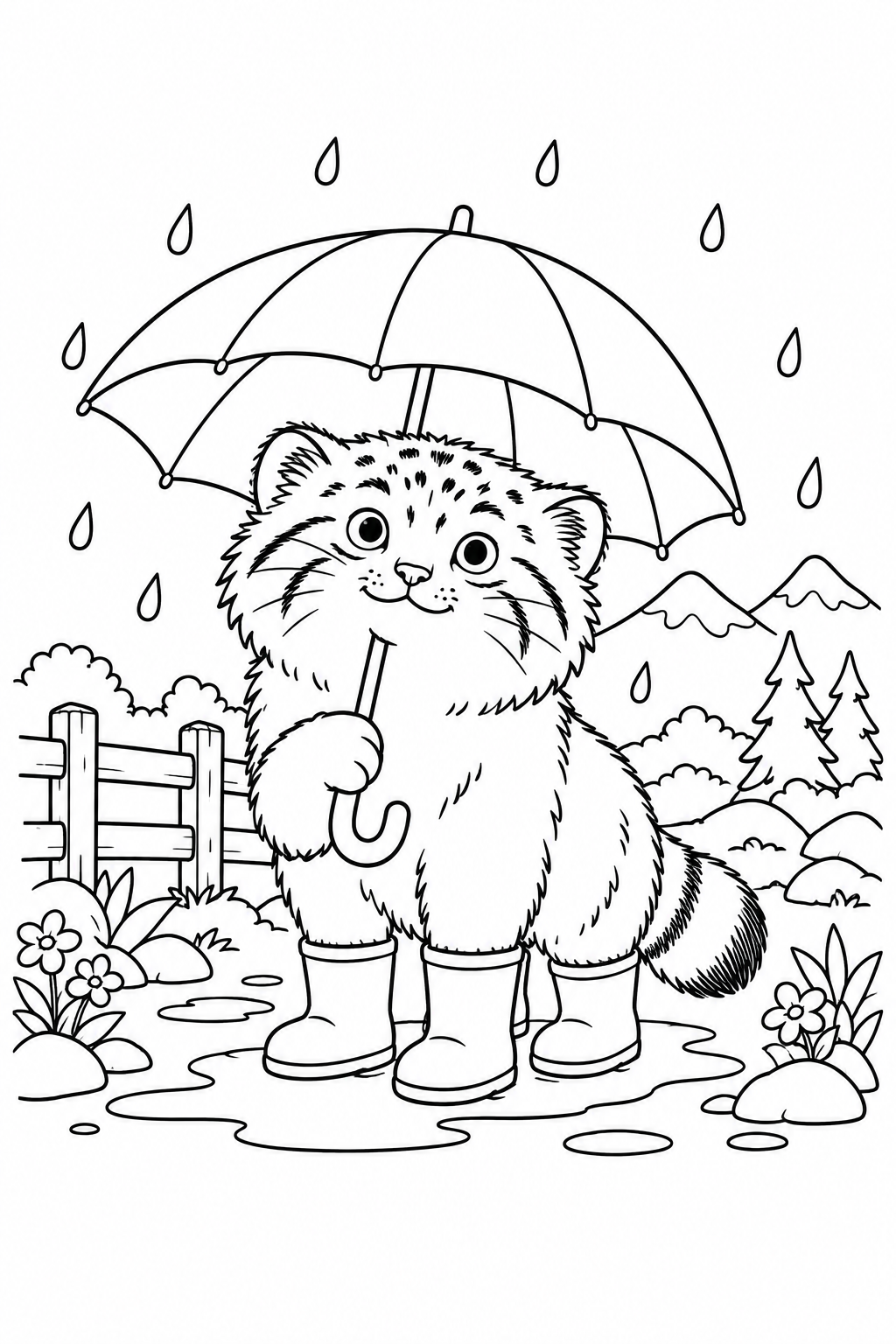 マヌルネコの雨の日さんぽの塗り絵