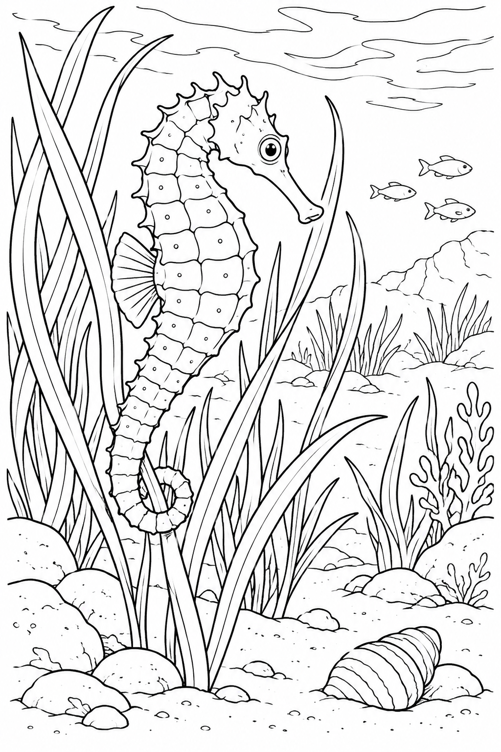 自然のひとこま:タツノオトシゴと海草の塗り絵