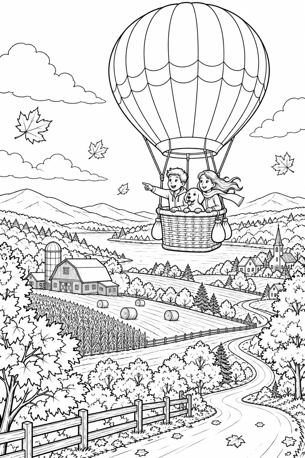 秋の気球で見つける景色の塗り絵