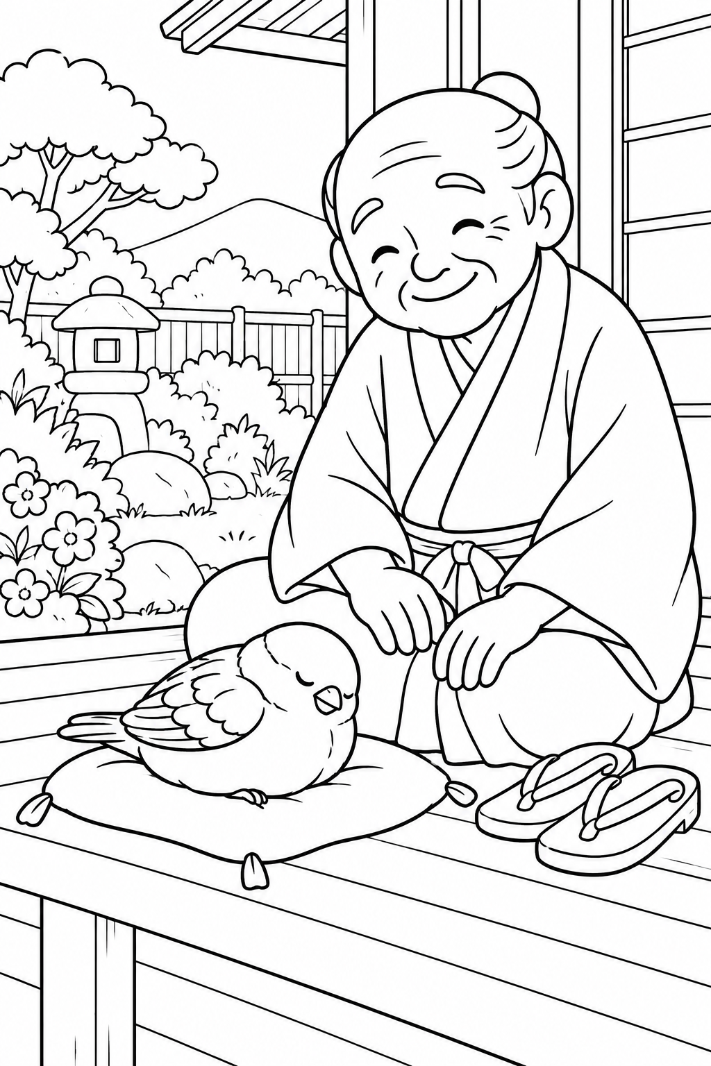 The Tongue-Cut Sparrow — A Sleepy Sparrow on the Veranda coloring page