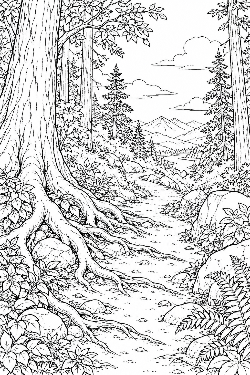 自然のひとこま:木の根が続く森の小道の塗り絵