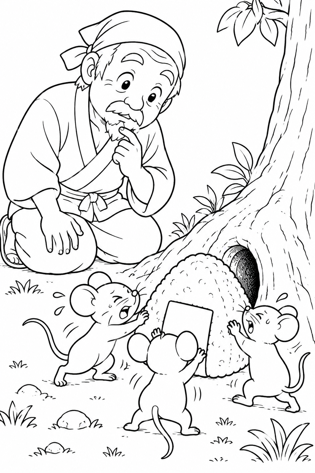 おむすびころりん・ギャグ：木の根元の穴の塗り絵