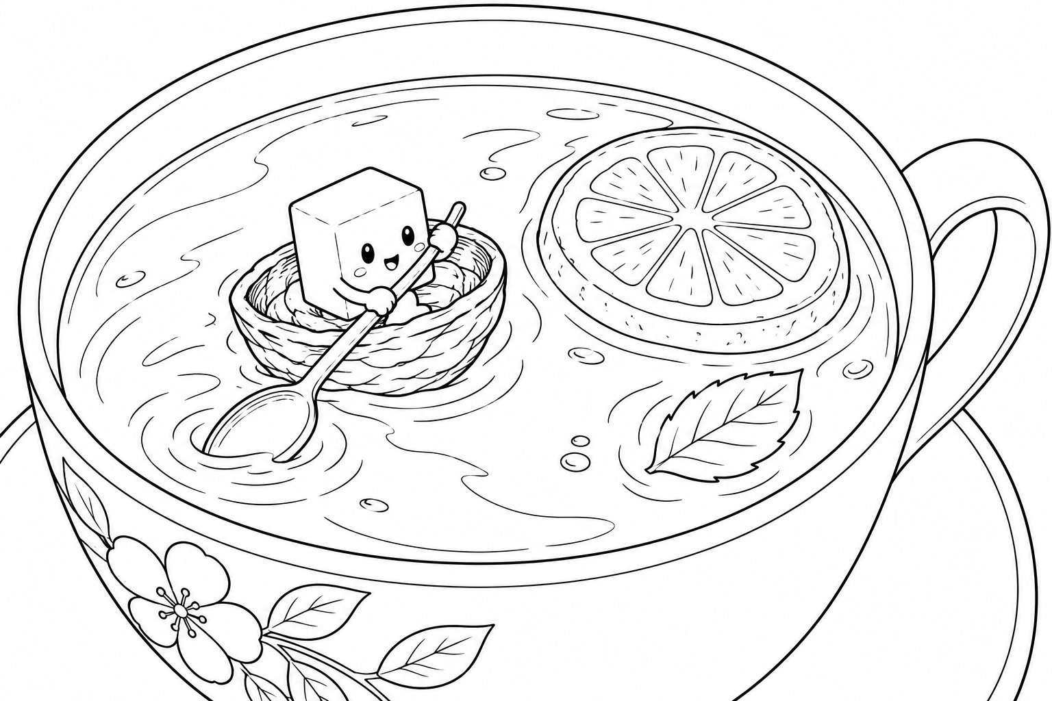 お茶の池をこぐ角砂糖の精の塗り絵