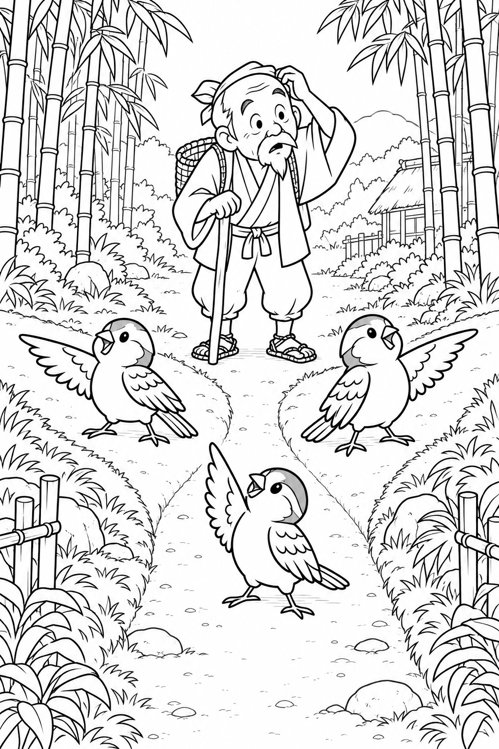 したきりすずめ：道案内がみんなばらばらの塗り絵