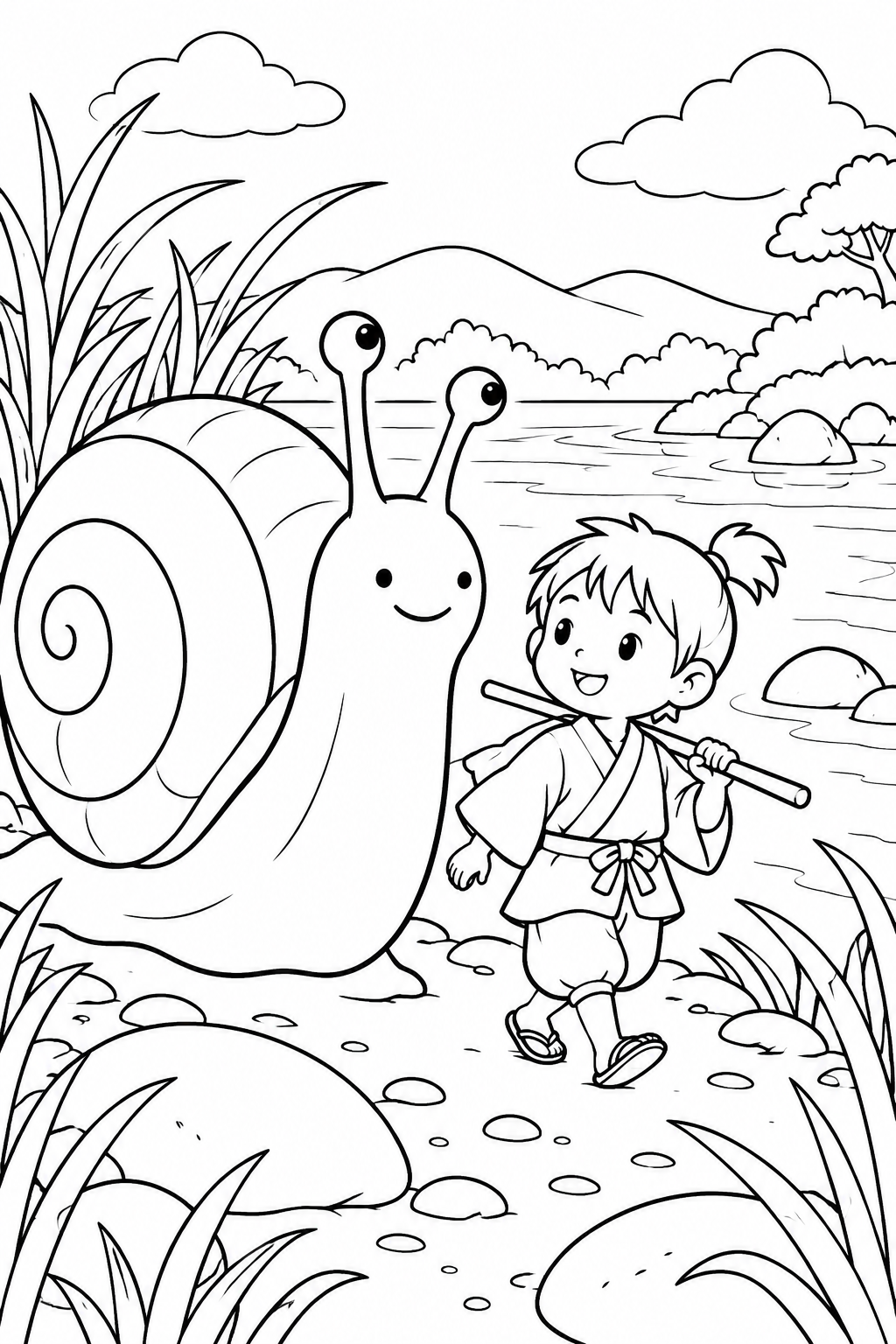 Gambar mewarnai Issun-boshi — Jalan di tepi sungai bersama siput