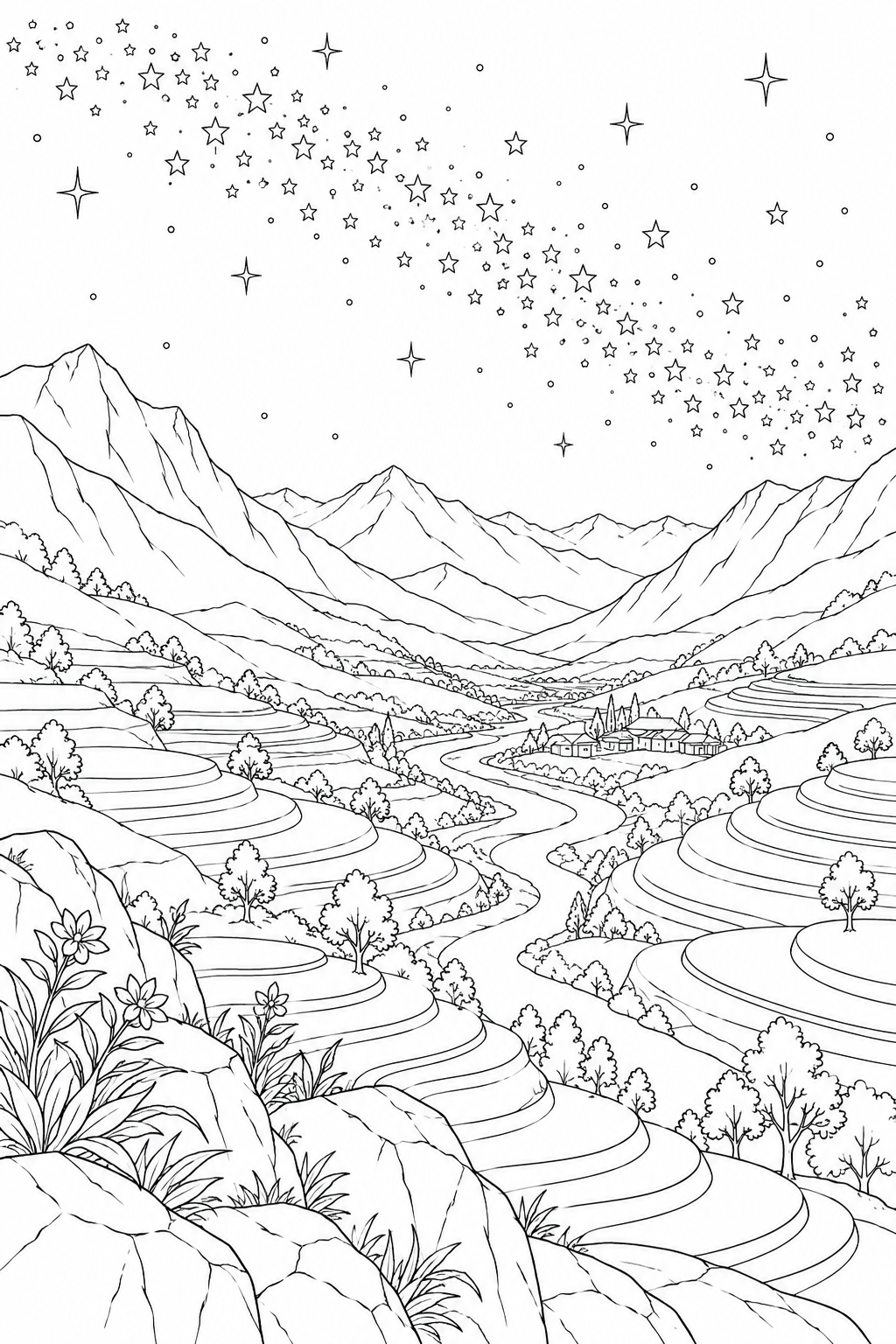 段々畑の谷と天の川の塗り絵