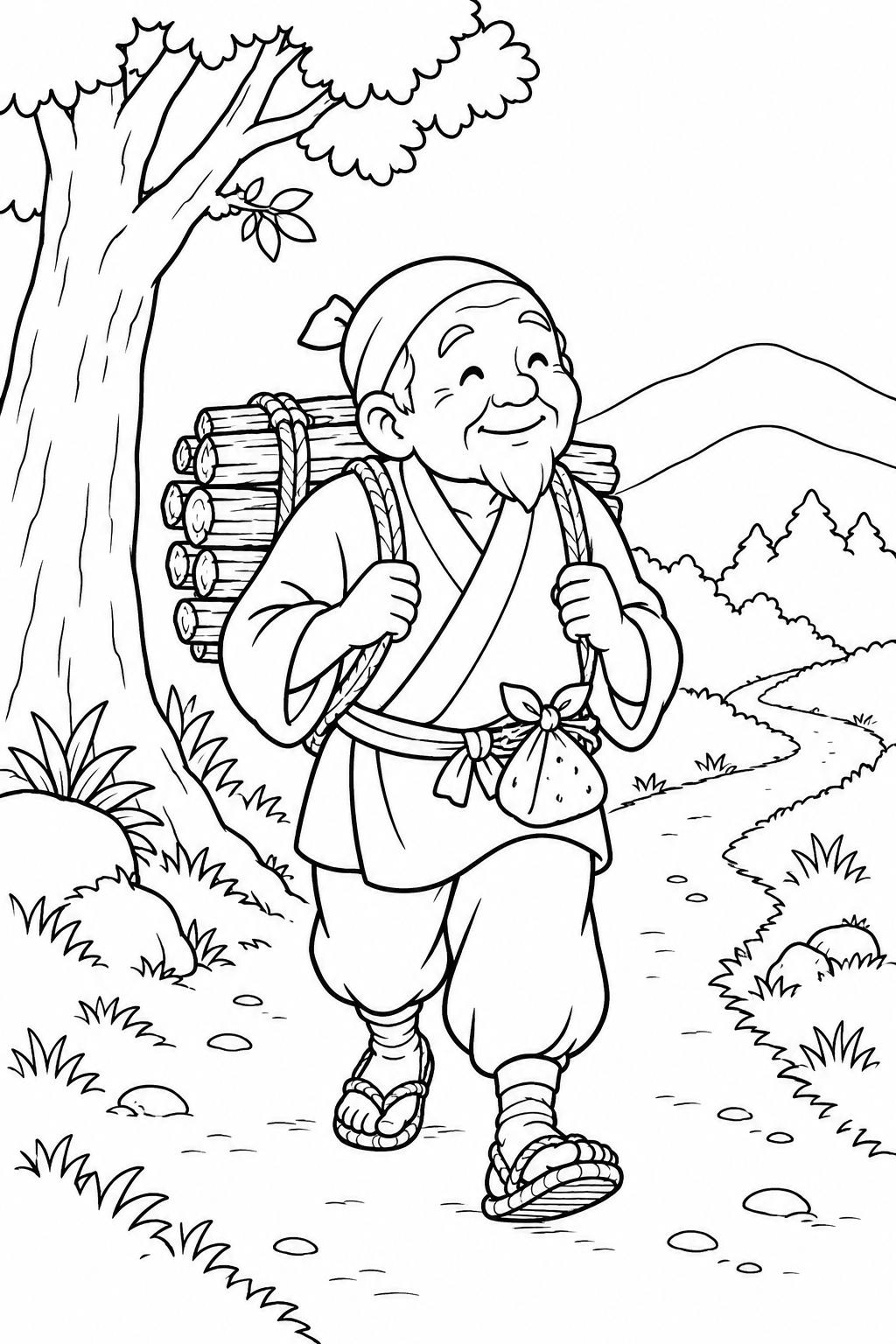 おむすびころりん・ほっこり:山へ向かうおじいさんの塗り絵