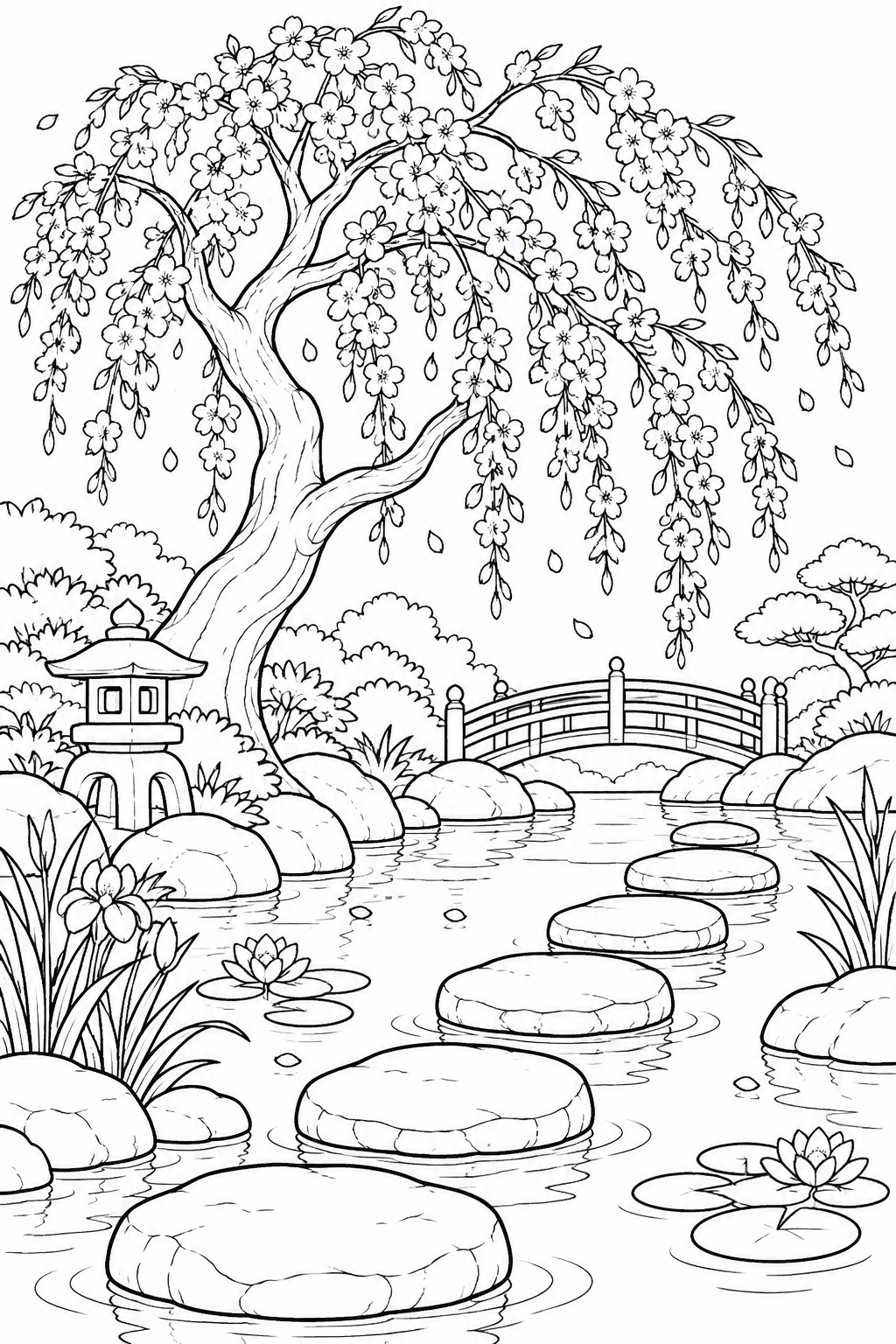 枝垂れ桜と池の飛び石の塗り絵