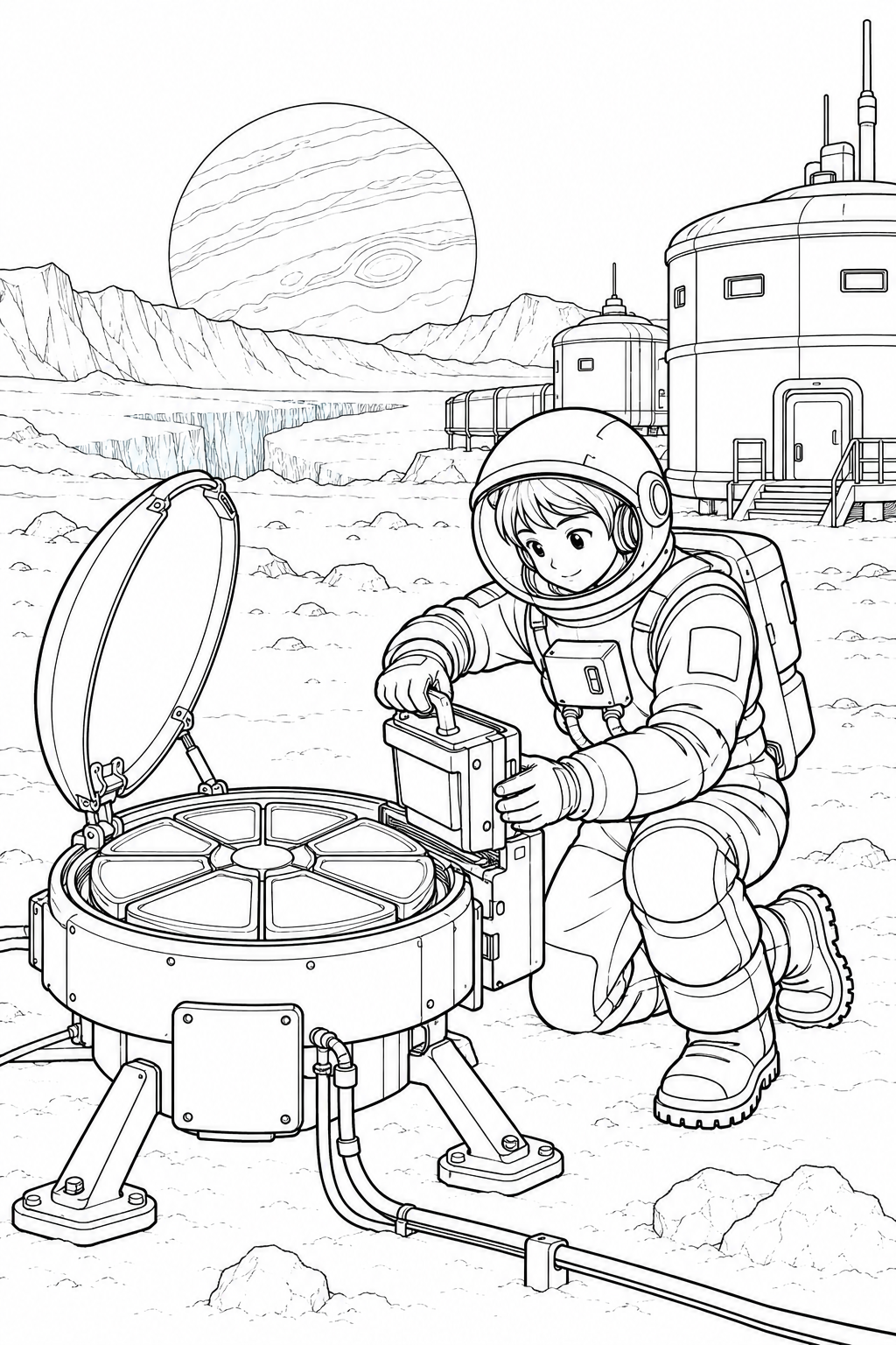 氷の衛星の探査基地:宇宙のちりを集める装置の塗り絵