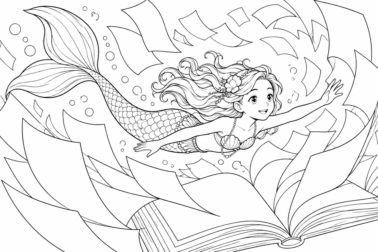 ページの海を泳ぐ人魚の塗り絵