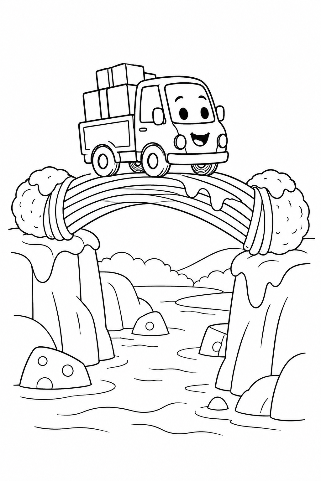 A Delivery Cart Crossing a Pasta Bridge coloring page