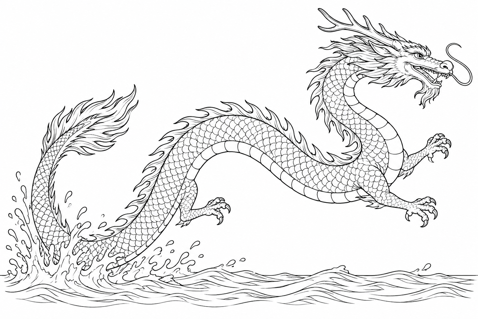 Coloriage Dragon élancé bondissant sur l’eau