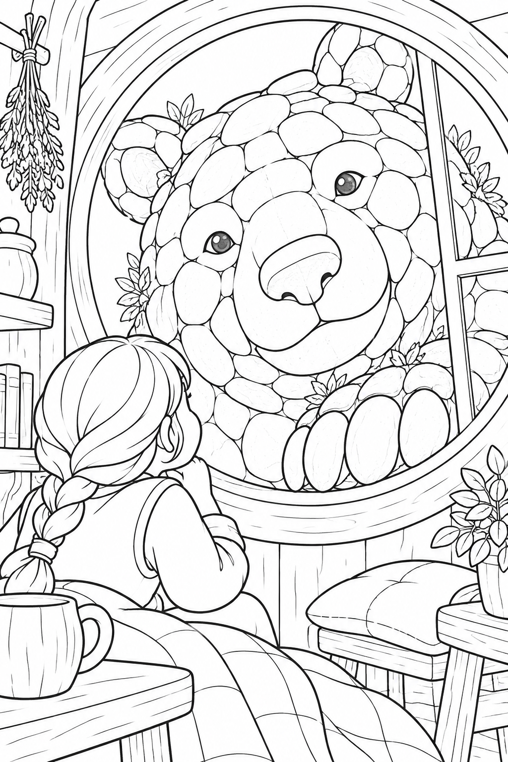 岩のクマがのぞく小さな窓の塗り絵