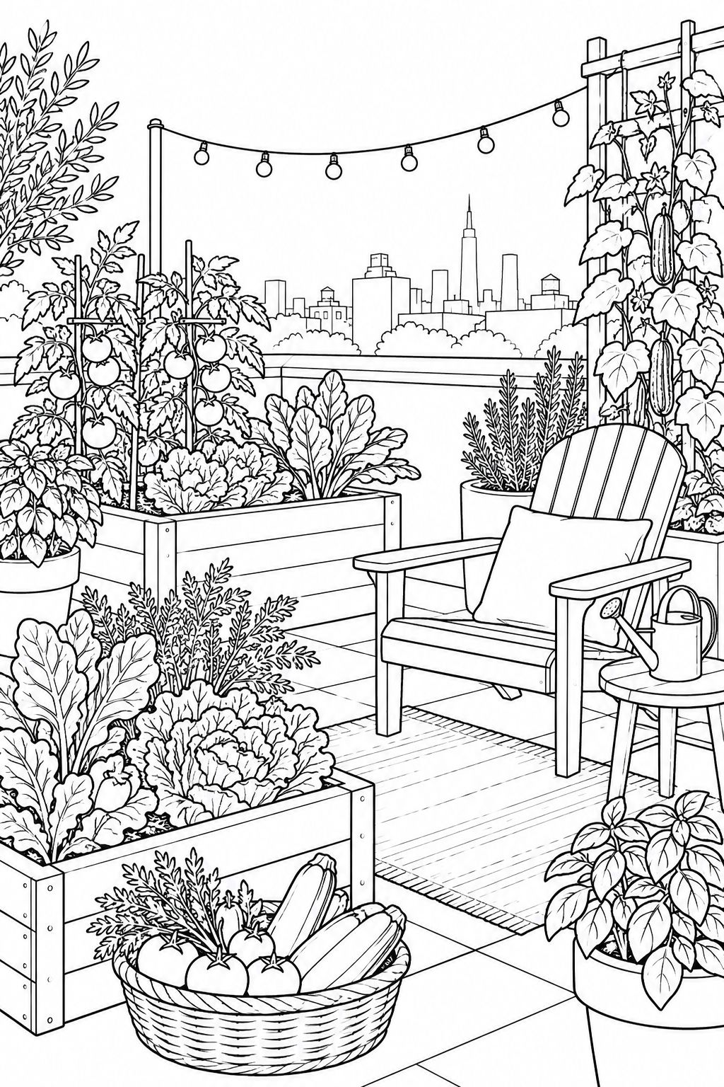 屋根の上にある菜園と椅子の塗り絵