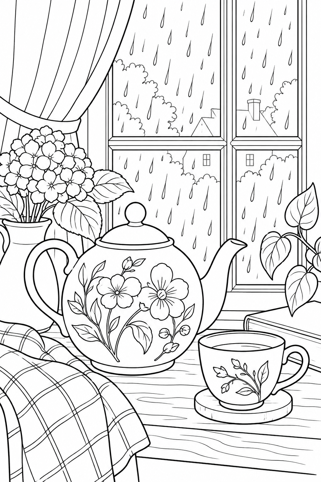 雨の窓辺のティーポットの塗り絵