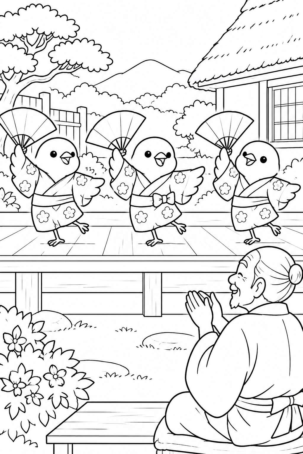 Dibujo de El gorrión de la lengua cortada — El baile de abanicos de los gorriones para colorear