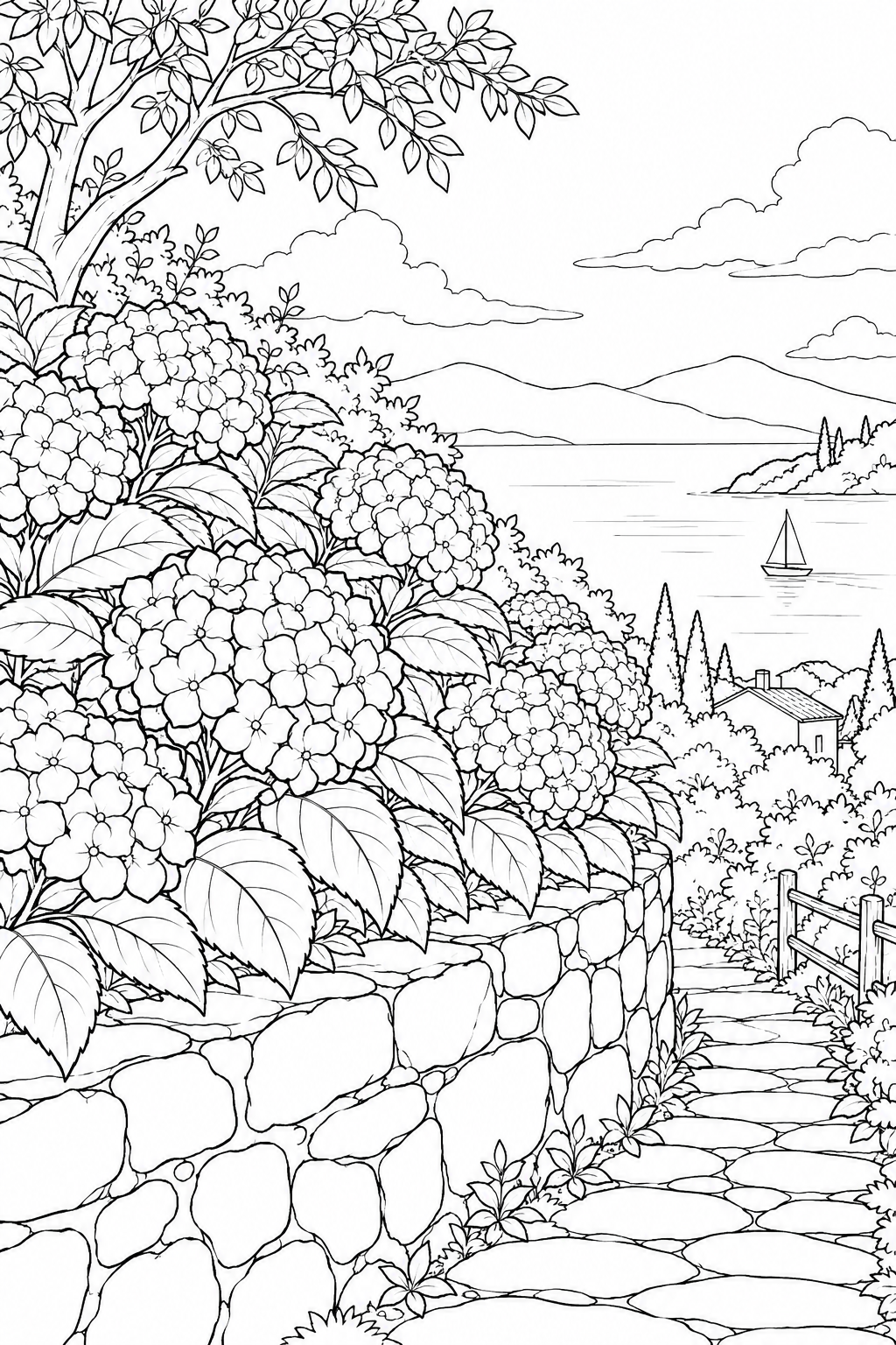 紫陽花の坂と石の塀の塗り絵