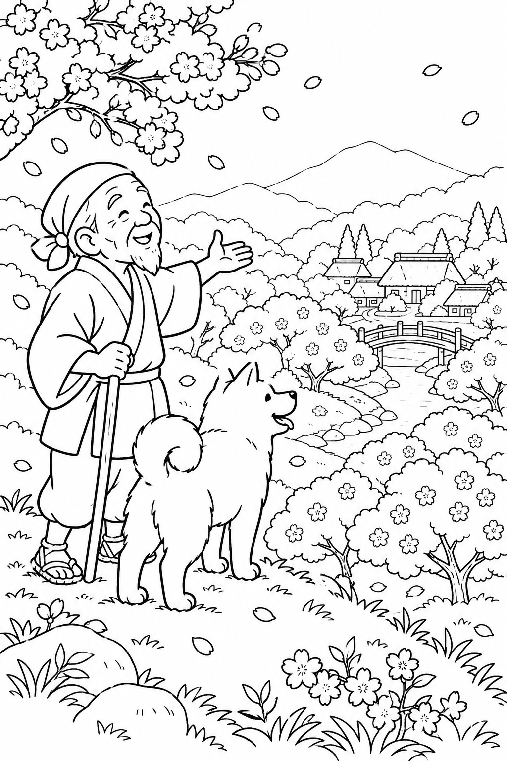 Dibujo de El anciano que hacía florecer los árboles: Un valle de cerezos visto desde la colina (Acogedor) para colorear