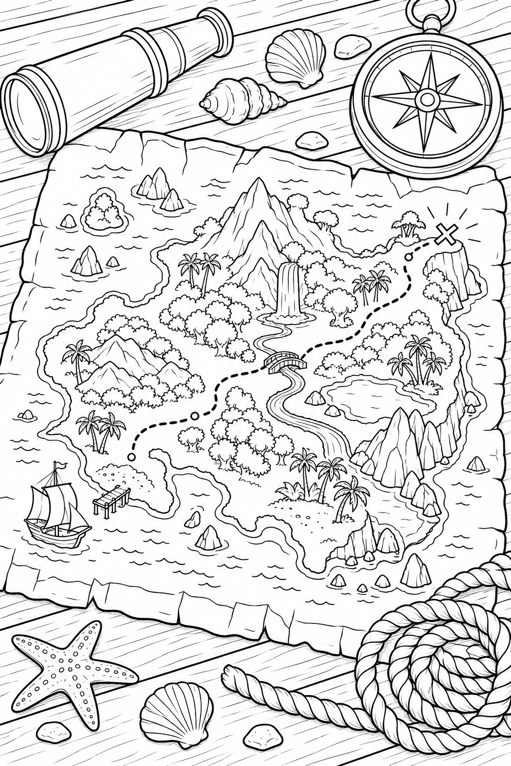 Coloriage Carte et outils d'aventure — été