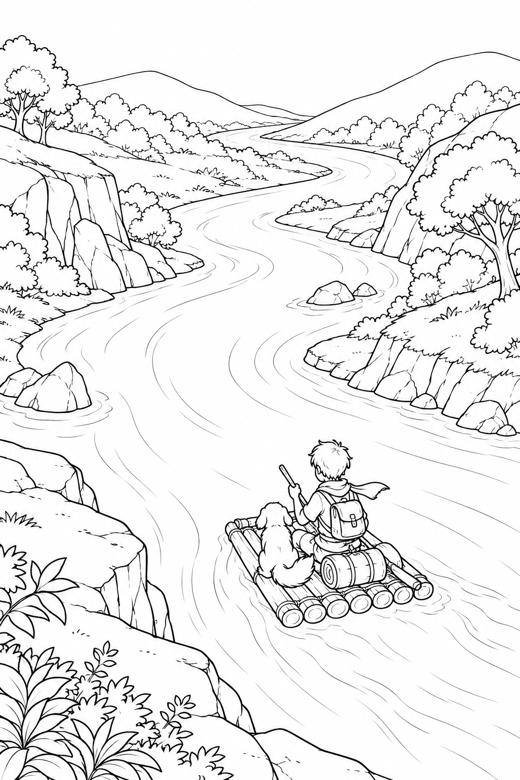 空に向かって流れる川の塗り絵