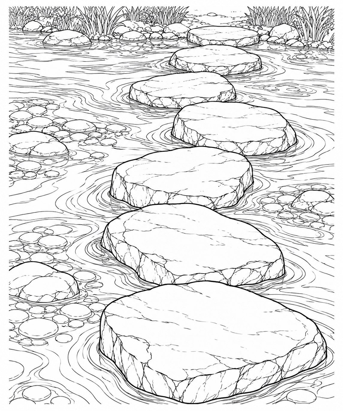 川を渡る飛び石の列の塗り絵