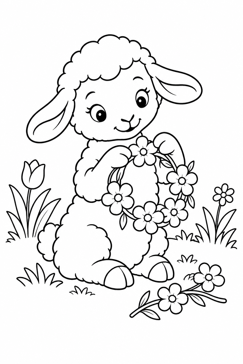 こひつじの花かんむり作りの塗り絵