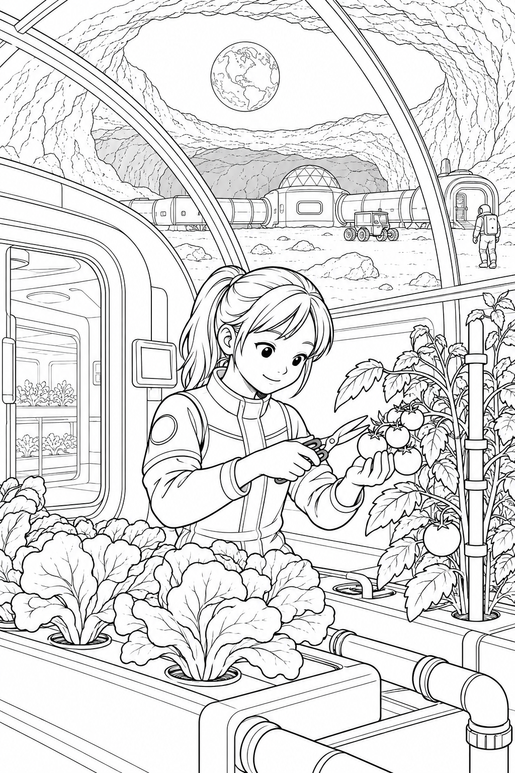 月の溶岩洞基地:野菜を育てる温室の塗り絵