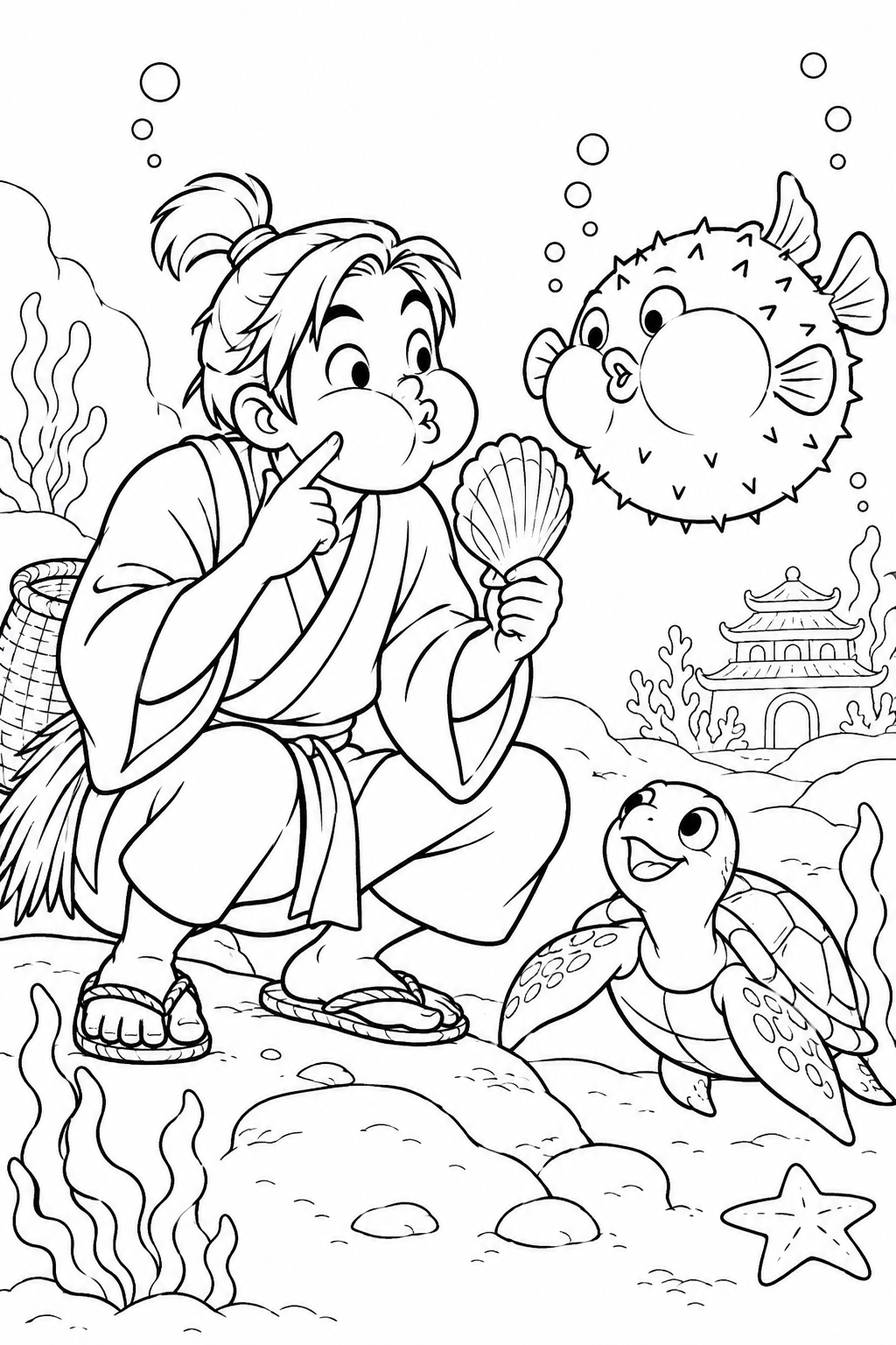 浦島太郎：フグとほっぺのふくらまし勝負（ギャグ）の塗り絵