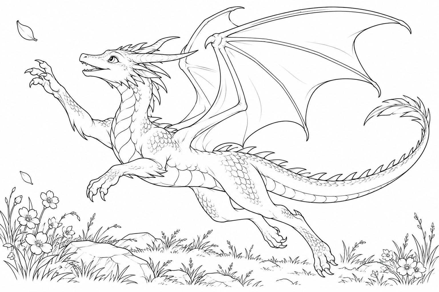 Dibujo de Dragón persiguiendo un pétalo para colorear