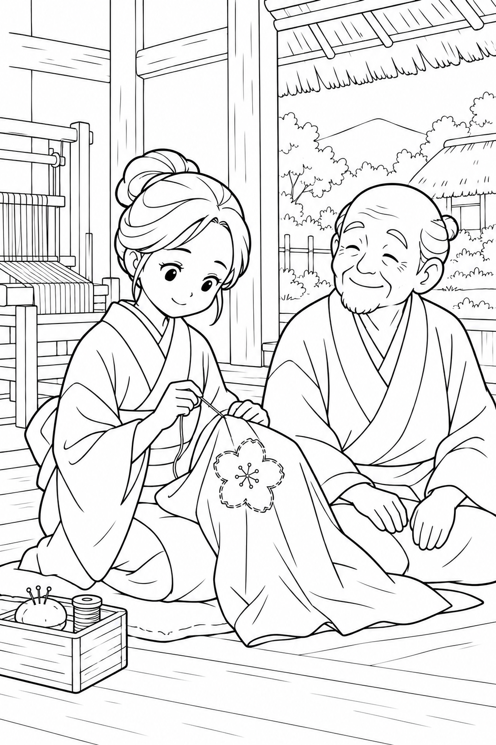 つるの恩返し：花のつぎあてのお裁縫の塗り絵