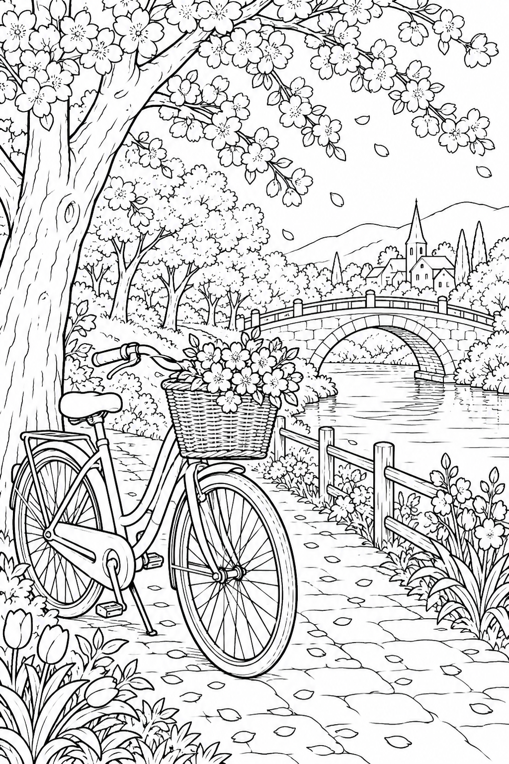 Coloriage Aventure à vélo sur le sentier — printemps