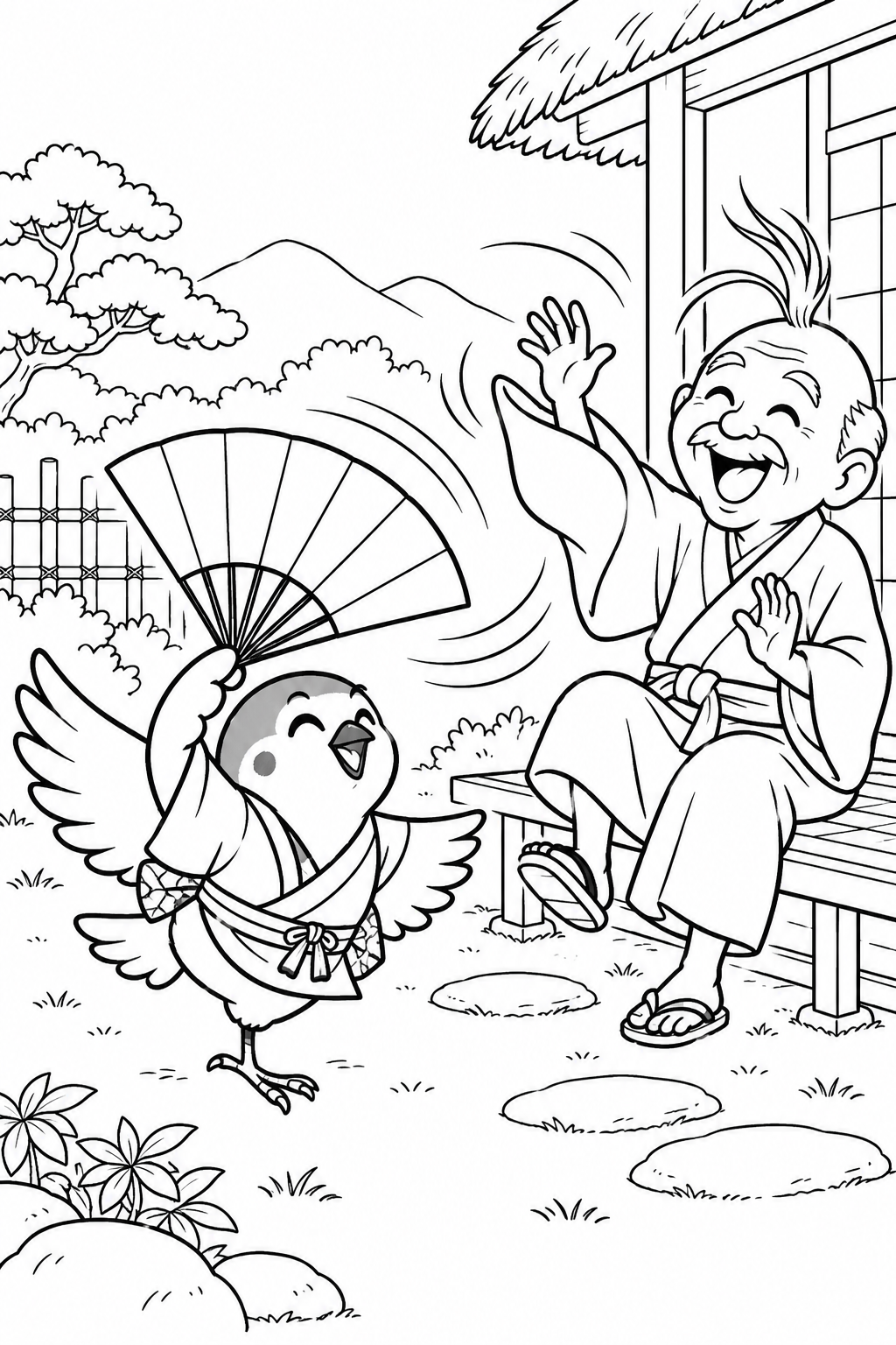 したきりすずめ:扇の風でひっくりかえる前髪の塗り絵